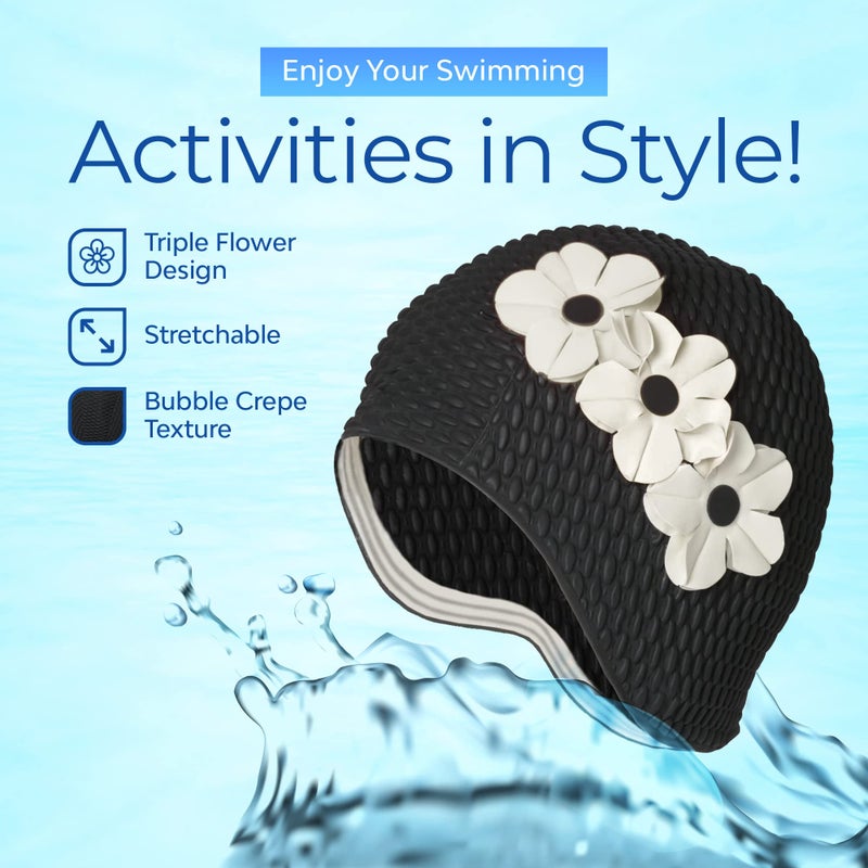 Beemo Latex Swimming Cap for Women, Swim Cap for Long Hair or Short Hair, Bath & Swim Caps to Shield Hair from Damage, Use as Large Shower Cap, Black Swimming Cap with White Flowers - Image 3
